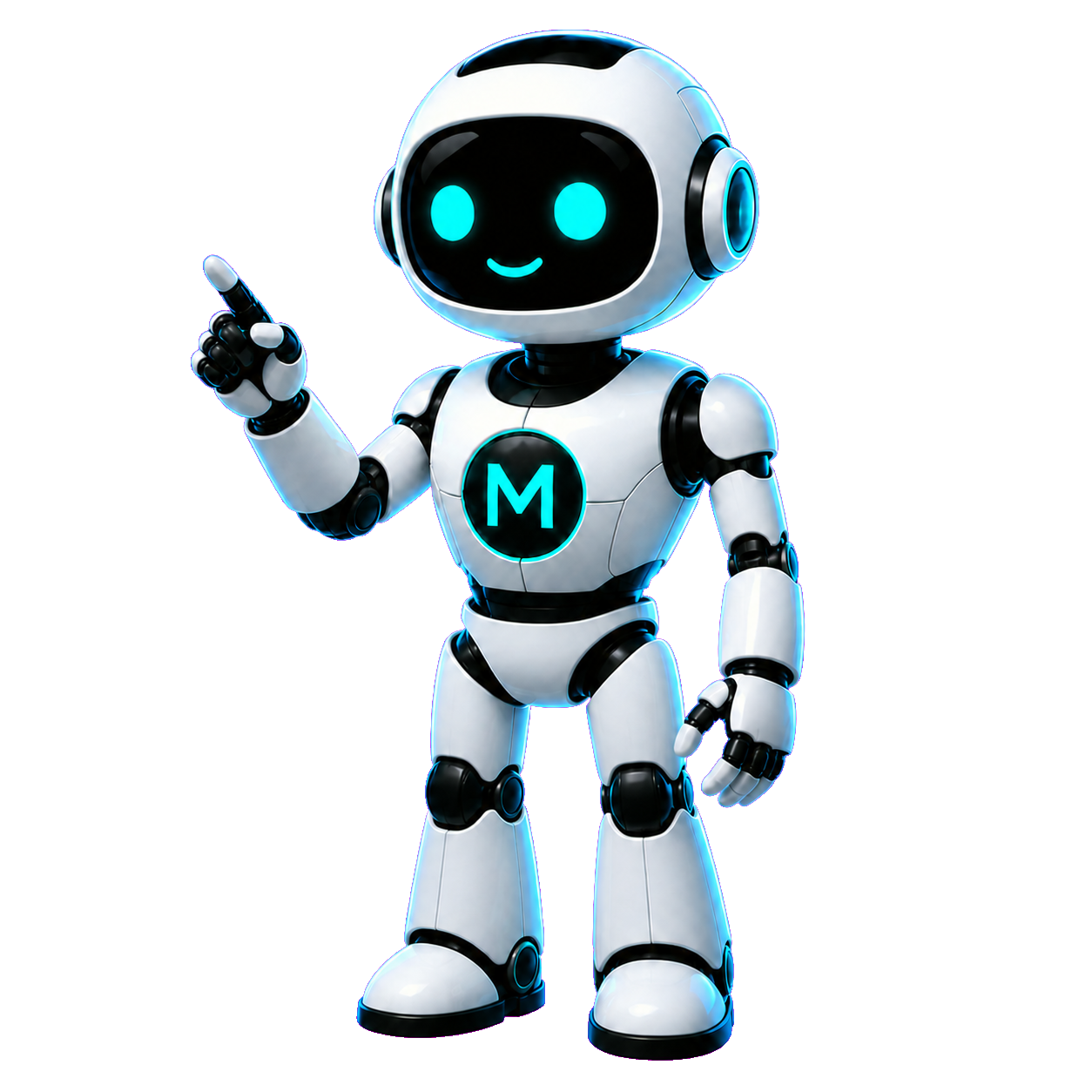MoMo, the canonical white and silver robot mascot with cyan eyes, smiling mouth, and green M chest badge